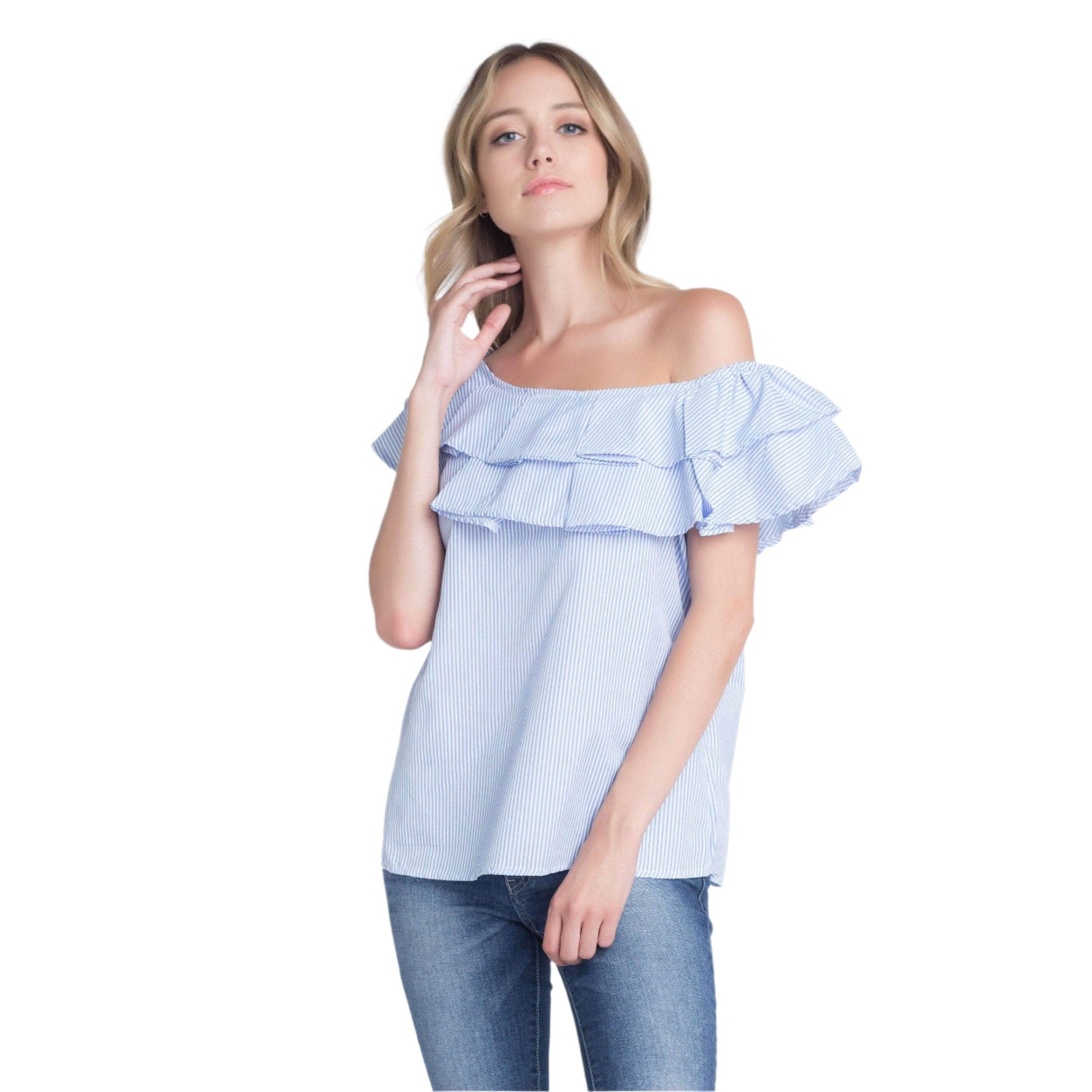 Ivory Felix Womens Vacation Fashion Top with Ruffled Stripes in Off-the-Shoulder Design