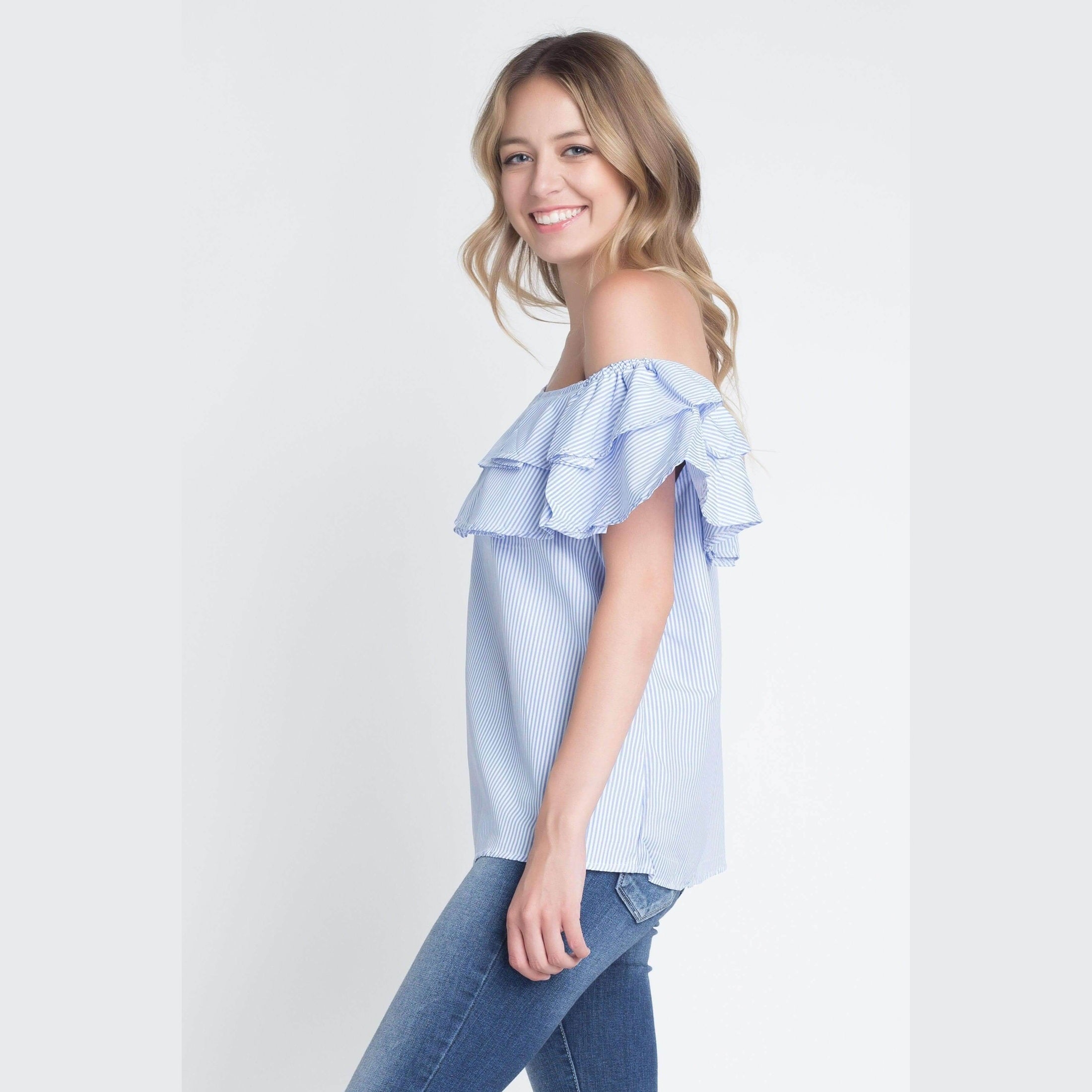 Ivory Felix womens vacation fashion top in blue stripe with ruffled off-the-shoulder design