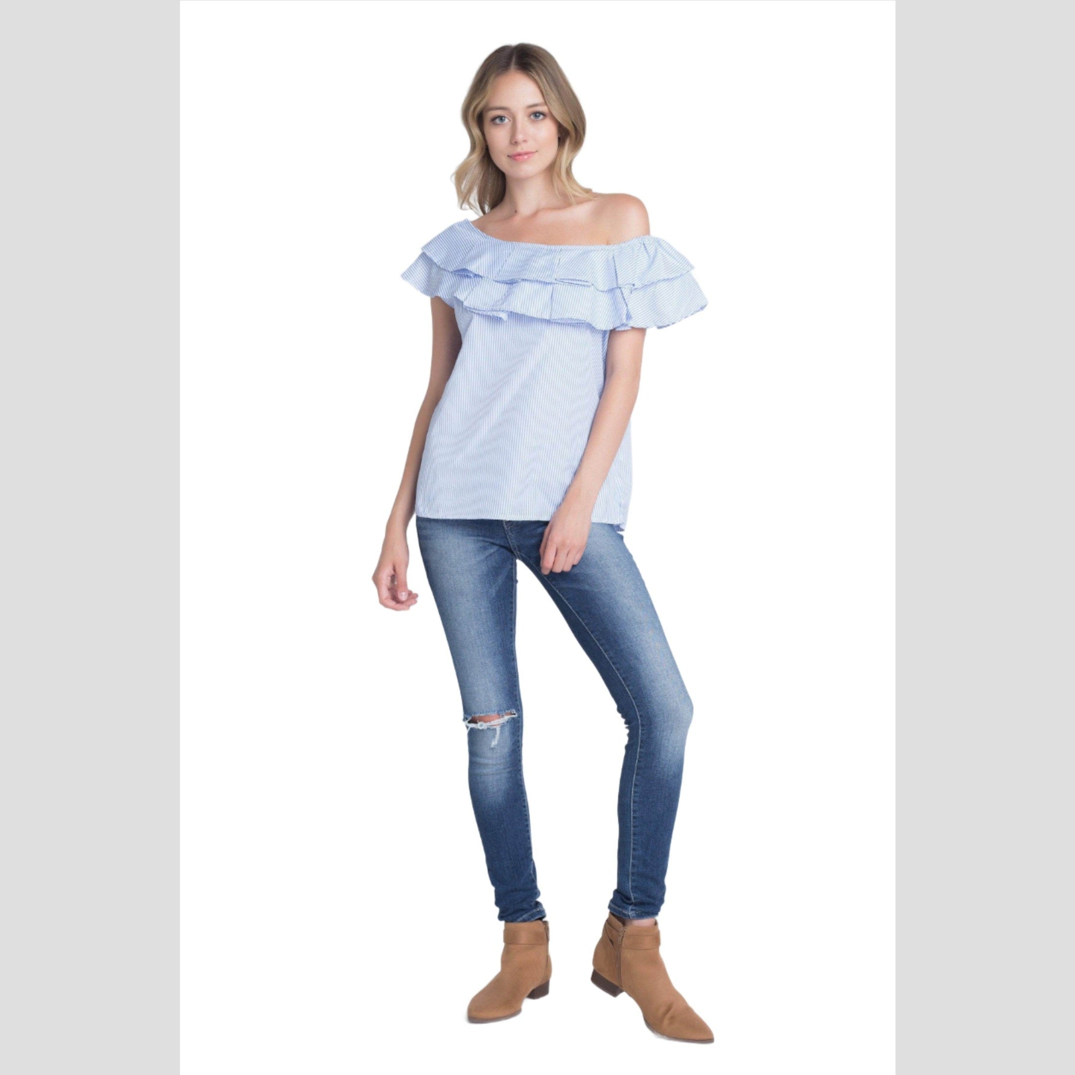 Ivory Felix womens vacation fashion top featuring ruffled off-shoulder design in light blue stripes