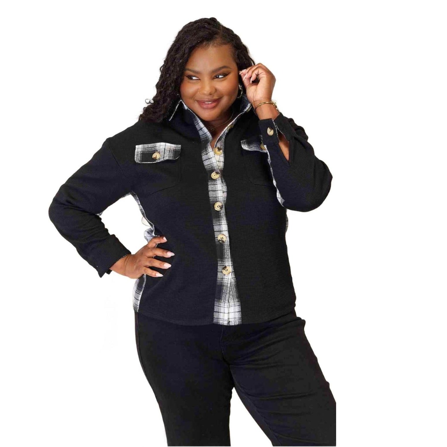 Trendsi women's vacation plaid shirt with button details and two front pockets for stylish comfort