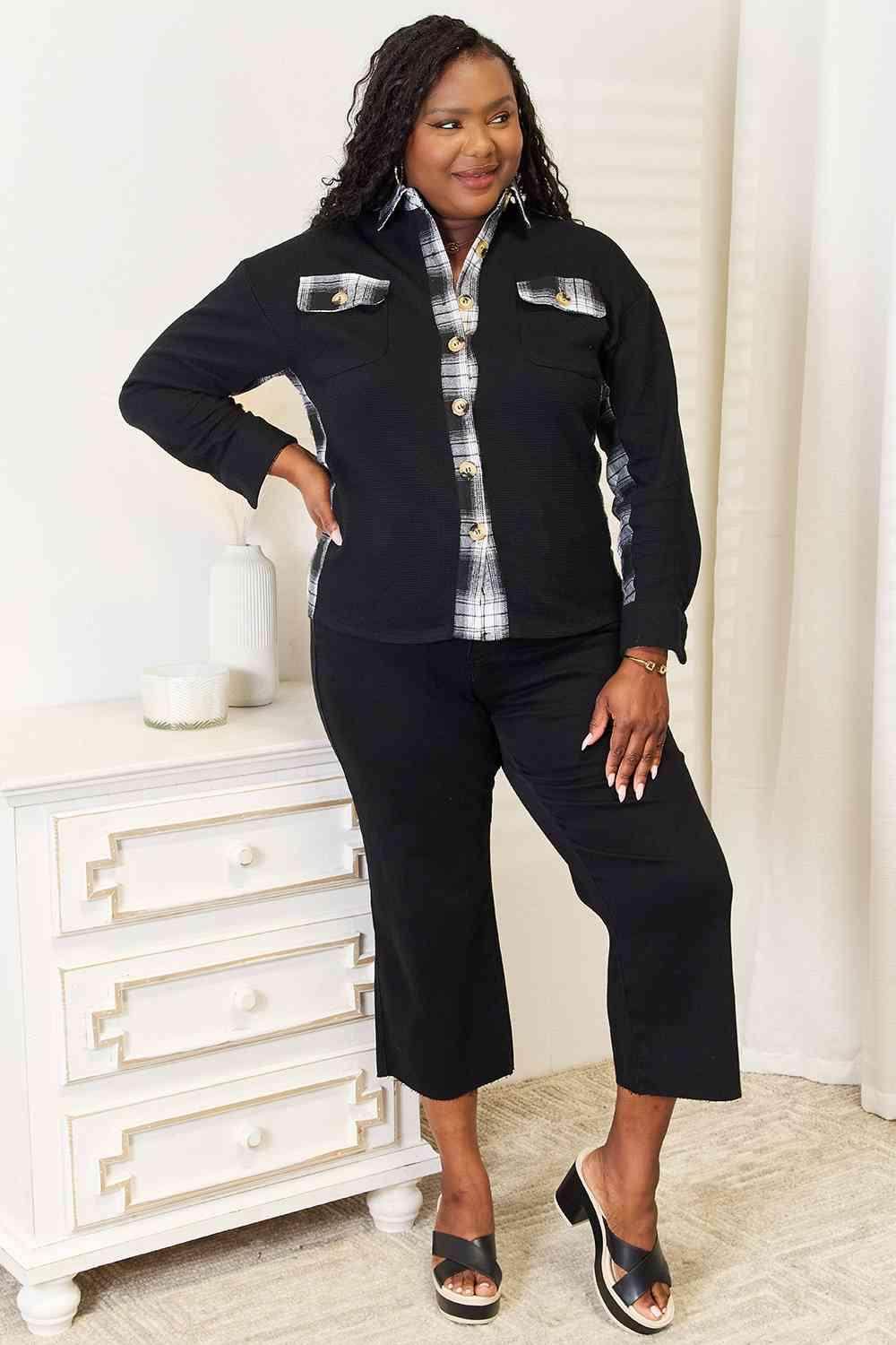 Trendsi women's vacation plaid shirt in black and white, featuring button front and stylish pockets