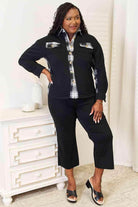 Trendsi women's vacation plaid shirt in black and white, featuring button front and stylish pockets