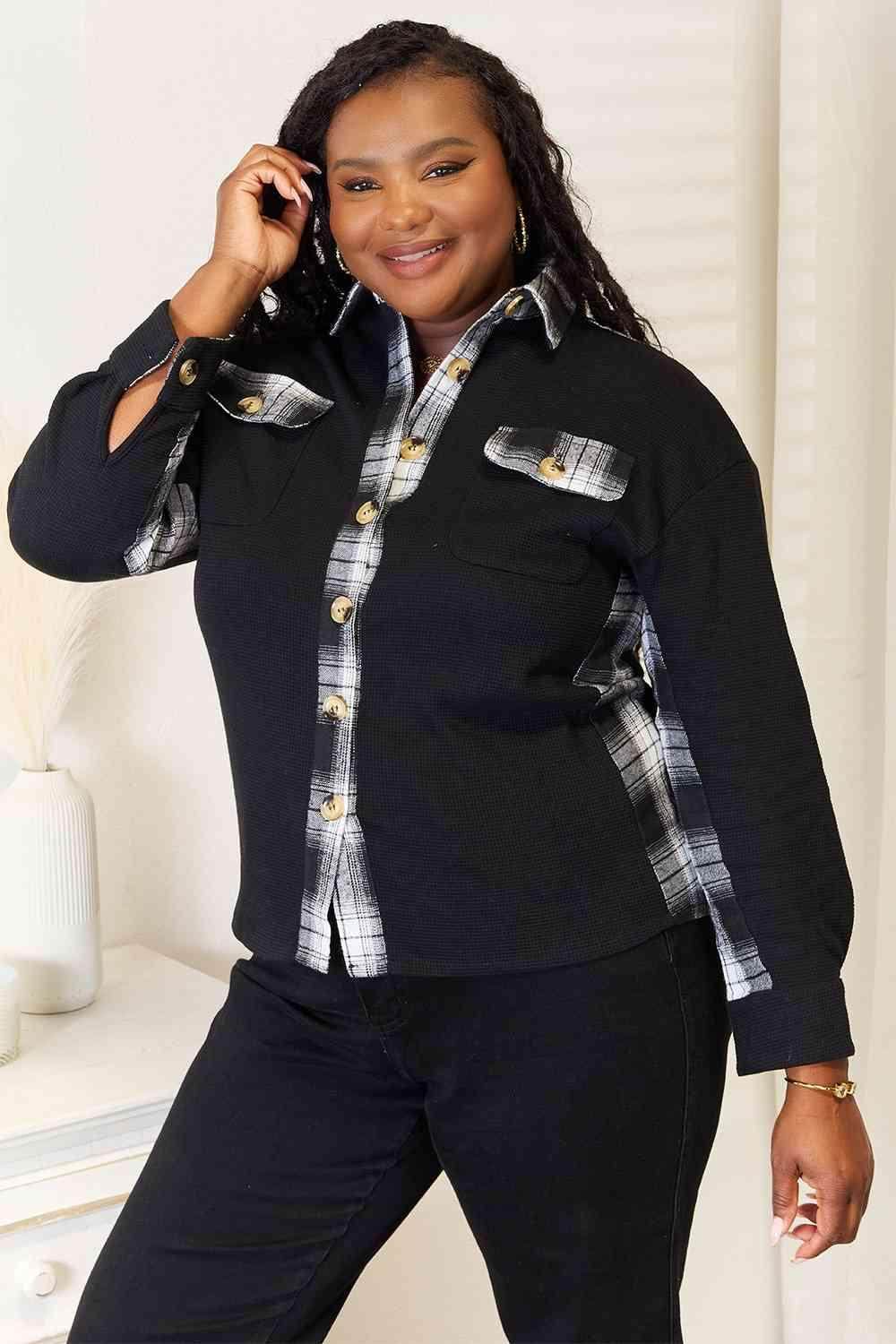 Trendsi womens vacation plaid shirt in black and white with stylish button details and pockets