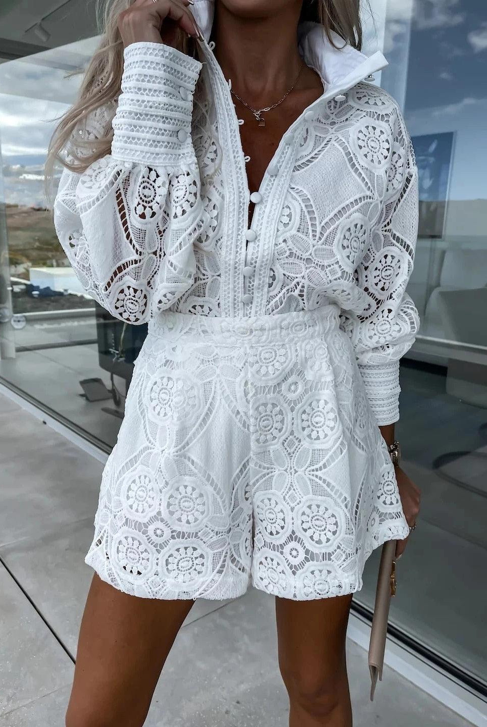 Women's Outfits & Sets Womens Vintage Lace Short Set Long Sleeve 2 Pc Outfit