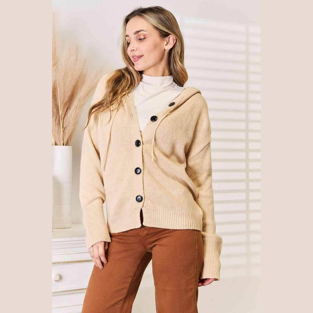 Trendsi woven long sleeve sweater in beige with a hood and button front for a cozy look