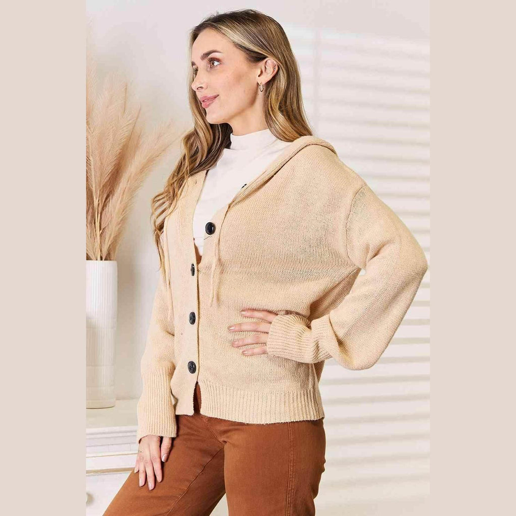 Trendsi woven long sleeve sweater in beige with hood and button closure for a stylish layering option