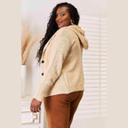 Trendsi woven long sleeve sweater in beige with a hoodie and button details for a stylish look