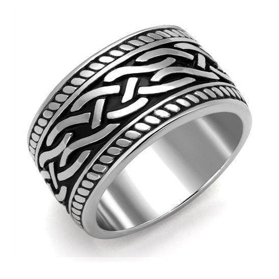 Men's woven pattern jewelry ring designed with intricate black and silver detailing