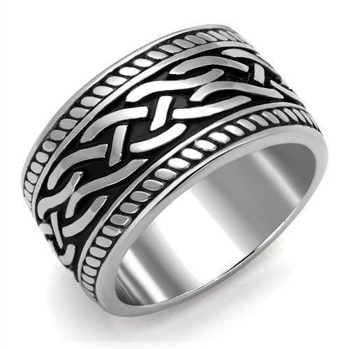 Men's woven pattern jewelry ring designed with intricate black and silver detailing
