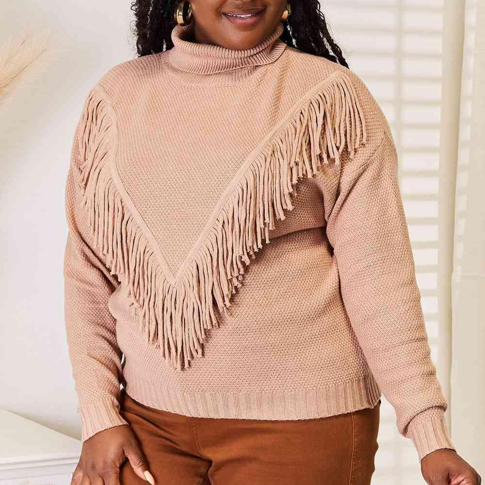 Women's Sweaters Woven Right Turtleneck Fringe Front Long Sleeve Sweater