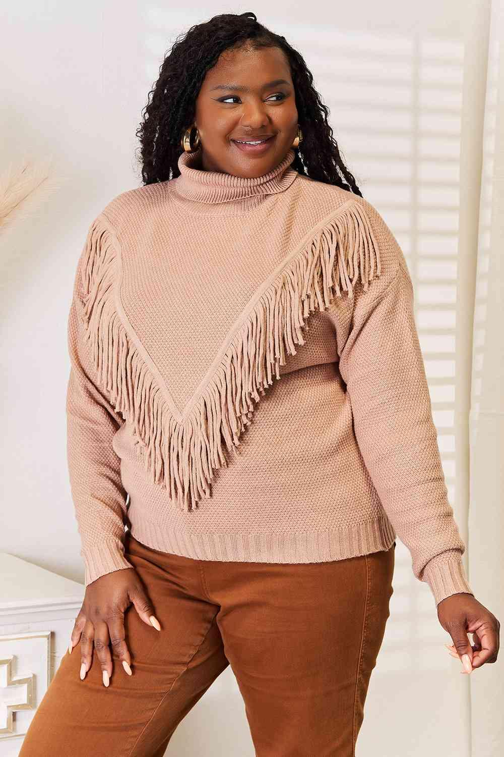 Women's Sweaters Woven Right Turtleneck Fringe Front Long Sleeve Sweater
