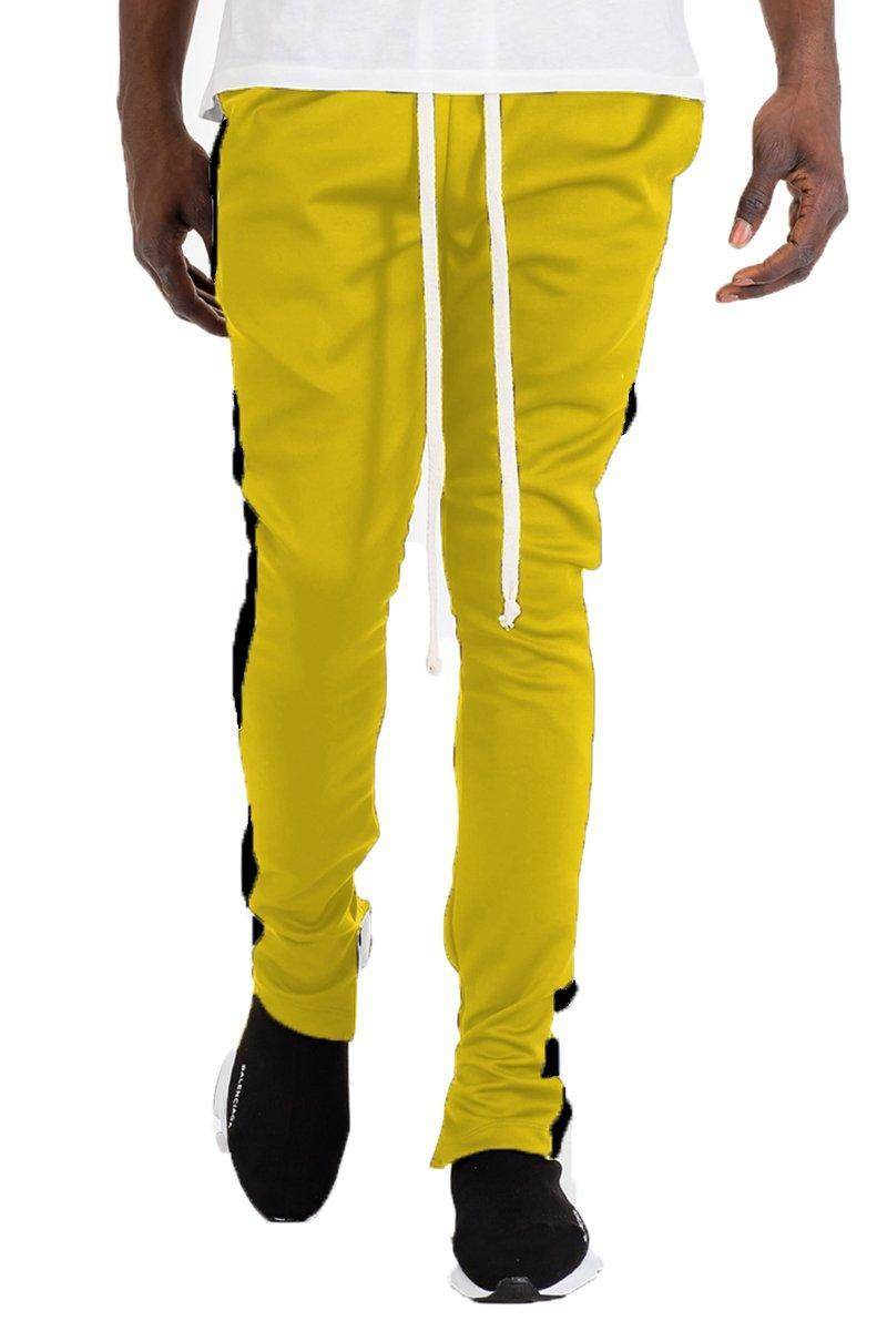 Men's yellow black slim fit track pants with side stripes and drawstring waist by VacationGrabs