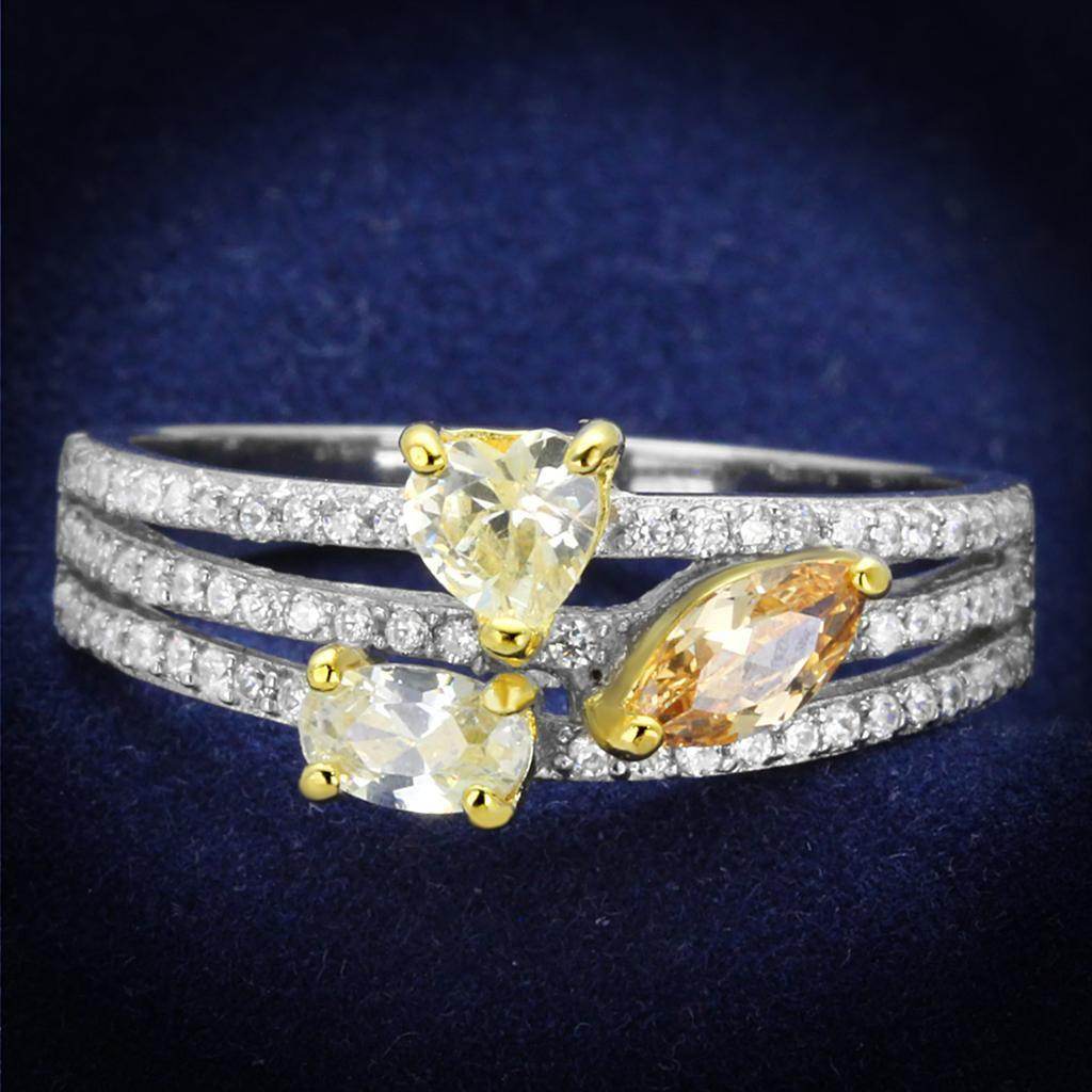 Stylish yellow gold accent silver ring for women featuring three sparkling gemstones